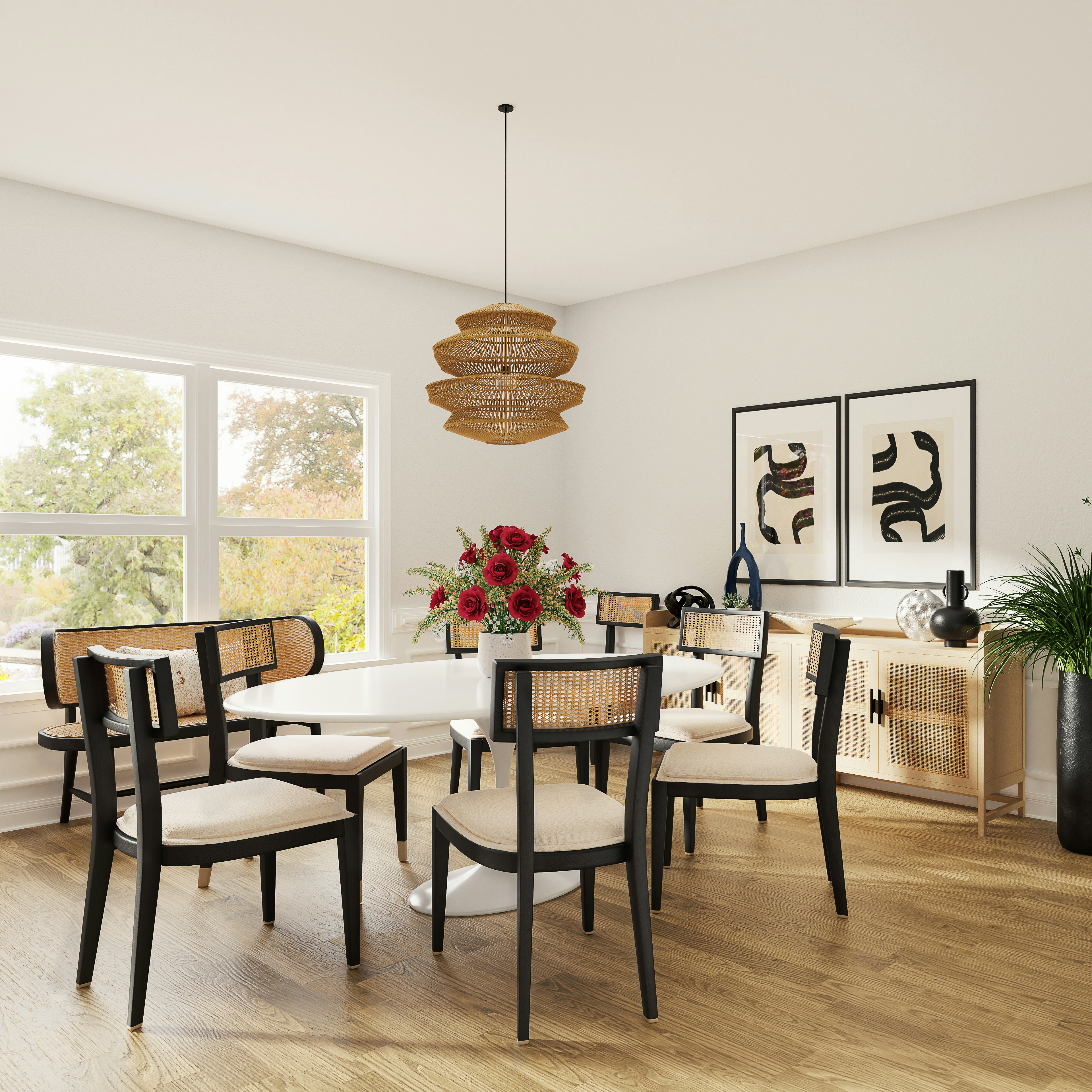 Warm architectural dining space with sculptural table and organic forms